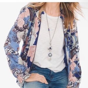 Chicos Reversible Satin Bomber Jacket Floral Pink Blue Mock Shirred Ruffle XXL